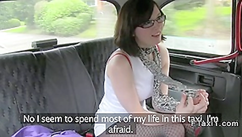 British brunette wanks and sucks in fake taxi