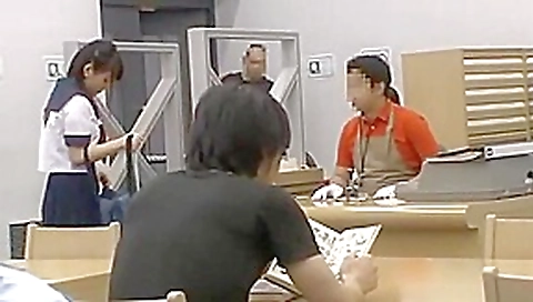 Japanese college girl with swimsuit get fucked and facial in library