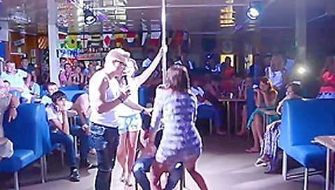 Horny gals give lap dance and grab guys cock Horny gals give lap dance and grab guys cock