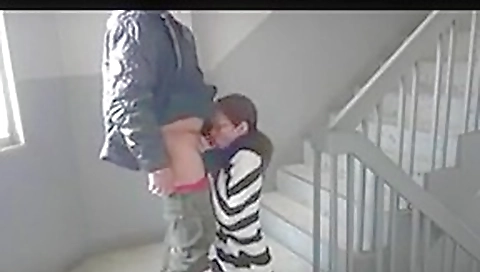 Glasses wife creampie sex in emergency stairs
