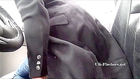 Amateur blonde Jakki flashes in her car and shows off shaved pussy and sexy lingerie to fans outdoors