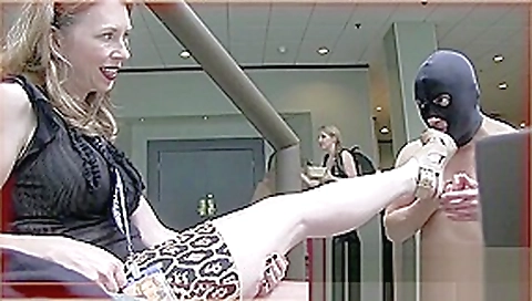 HE WORSHIPS HER BARE FEET AND SHOES IN A PUBLIC HOTEL LOBBY DIRTY FEET