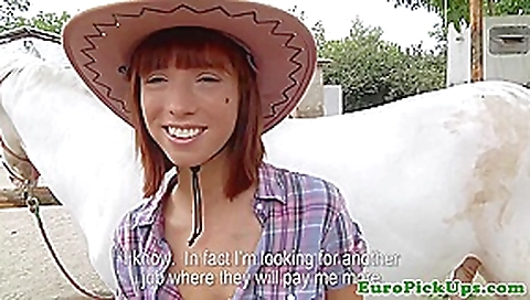 Euro cowgirl fingered in shavedpussy for cash