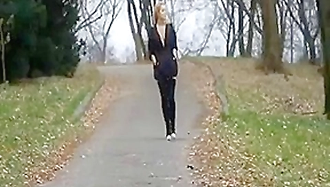 Blonde stripping and flashing her tits in public forest