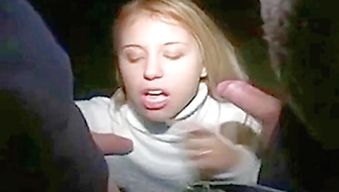 Girl giving a hot blowjob in public to two big dicks