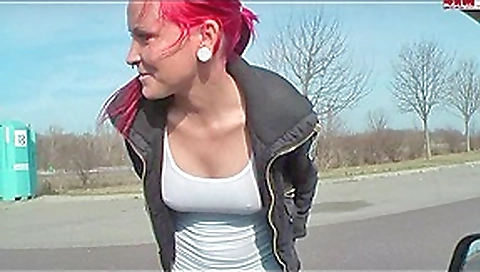 redhead copulates for a ride in car park