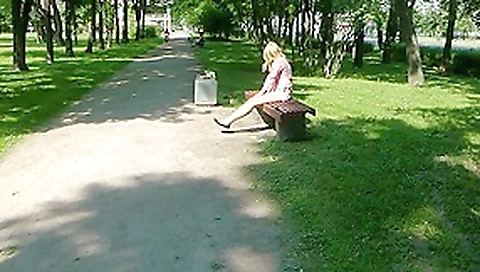 Sweet natural blonde banged outdoors