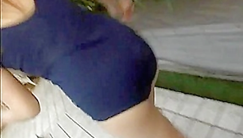 Cock wanking and sucking Asian babe by the pool