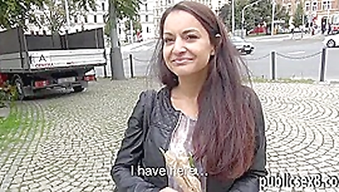 Amateur brunette Czech girl flashes tits and public sex