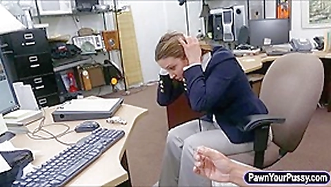 Foxy business lady flashes her big tits and fucked by pawnkeeper