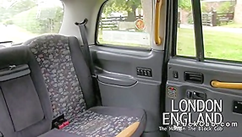 Beautiful British girl deep throats in fake taxi
