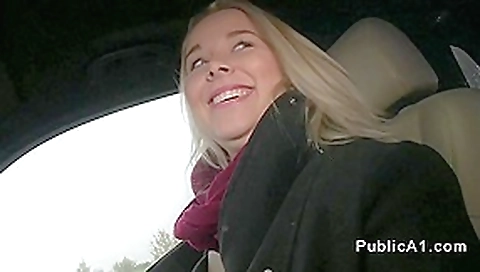 Natural blonde amateur fucks in the car pov in public